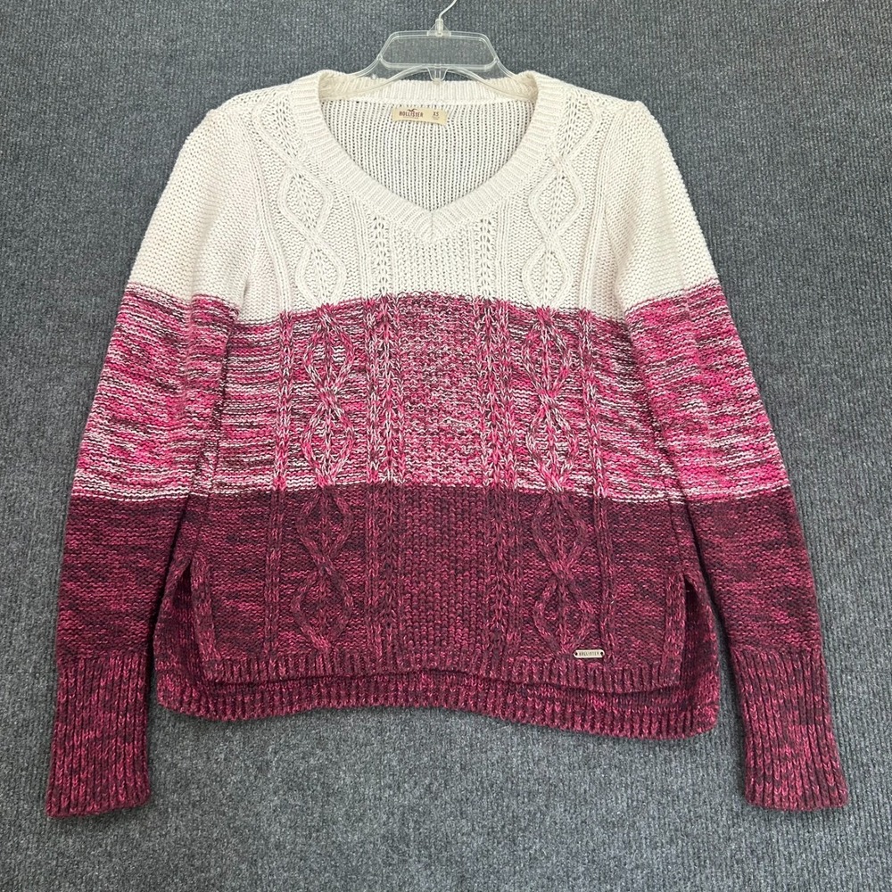 Hollister Women's Cable Knit Sweater LS V-Neck‎ Pink Large Stripe Logo Preppy